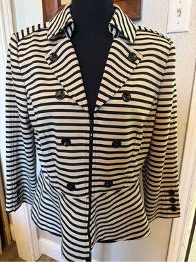 Tahari Black and Tan Striped Double-Breasted Peplum Blazer